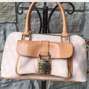 Dooney & Bourke Mini Signature Zip-Top Pink Denim & Brown Leather Bag Purse.